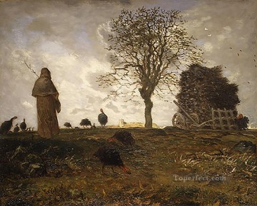  Landscape Oil Painting - Autumn Landscape with a Flock of Turkeys farmers Jean Francois Millet